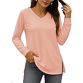 YUCOLEN Long Sleeve Shirts for Women Loose Fit V Neck Side Split Basic Casual Blouses Tunic Top to Wear with Legging