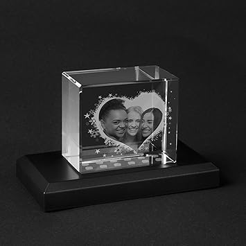 Personello® Glasfoto 'Herz' mit Foto Gravur (Foto in Glas graviert) Fotogeschenk, Größe M=70x60x40mm, Leuchtsockel