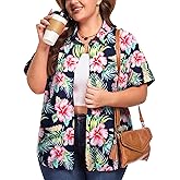 Plus Size Women Hawaiian Shirt Soft Cool Summer Hawaii Shirts Floral Tropic Print V Neck Button Down Shirts Beach Tops