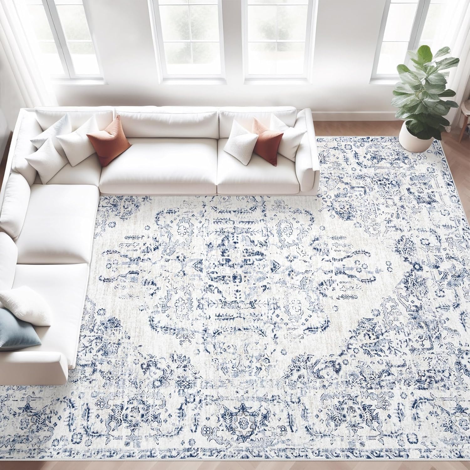 Photo 1 of 10x14 Area Rugs for Living Room: Washable Rug Vintage Large Rugs Soft Non Slip Low Pile Rug Floral Distressed Floor Carpet for Bedroom Nursery Dining Room Home Office (Blue,10'x14')