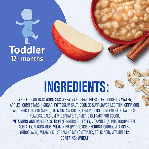 GERBER OATMEAL AND BARLEY APPLE CINNAMON CEREAL, TODDLER OATMEAL, IRON, WHOLE GRAINS, 8PK