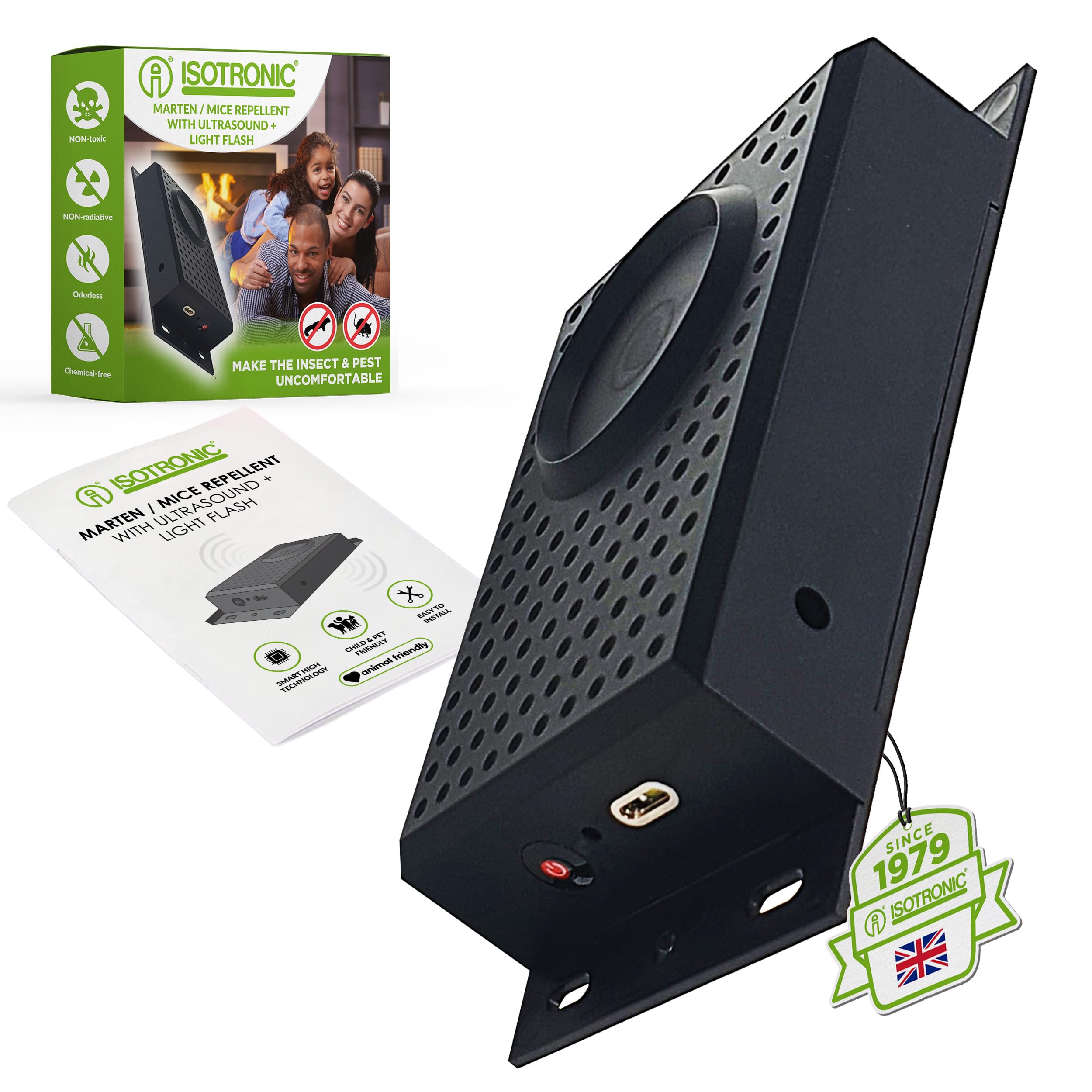 ISOTRONIC Mouse and rat deterrent flash with LED light function, battery operated or for 12V, ultrasonic for home, car, garage and attic