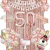 50th Birthday Decorations for Women,Happy 50th Birthday Banner,Backdrop,Crown, Sash,Goblet Balloons, Champagne and Star Balloons,Rose Gold 50 Birthday Party Decoration set