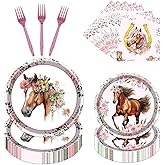 Refavor Horse Birthday Decorations - 96PCS Party Plates Tableware Supplies for Girls' Cowgirl Baby Shower - Disposable Paper Plates, Napkins, Forks Serve 24