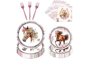 Refavor Horse Birthday Decorations - 96PCS Party Plates Tableware Supplies for Girls' Cowgirl Baby Shower - Disposable Paper Plates, Napkins, Forks Serve 24