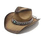 Wotfim Western Straw Cowboy Hat for Women Men Wide Brim Summer Sun Hat Classic Cowgirl Hat with Belt Buckle for Travel