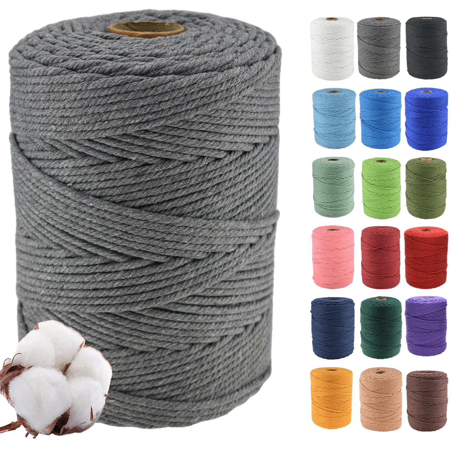 Klhamky 3mm×500m Macrame Cotton Cord, Soft 4 Strand Twisted 100% Natural Cotton for Handmade Wall Hanging, DIY, Craft Making, Knitting, Plant Hangers, Decorative Projects (3mm×500m, Gray)