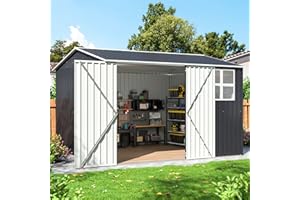 DAUSOLA 10x9.85 FT Outdoor Storage Shed, Metal Garden Tool Shed with Updated Frame Structure, Lockable Doors and Windows, Ideal for Backyard Garden Patio Lawn, Grey