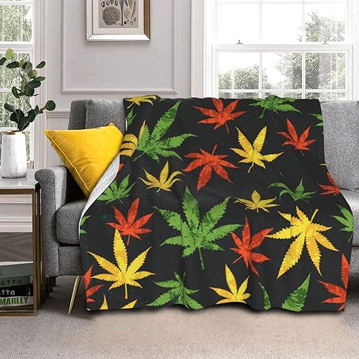 Colorful Weed Leaf Pattern Twin Size Blanket Warm Fuzzy