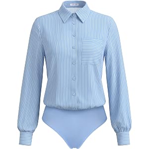 Kate Kasin Women Striped Button Up Blouse Bodysuits Long Sleeve Collar Tops | Office Work Interview Outfit, Collared Shirt Dr