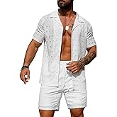 URRU Men's 2 Pieces Outfits Summer Beach Set See Through Sheer Short Sleeve Flower Lace Shirts and Shorts Sets