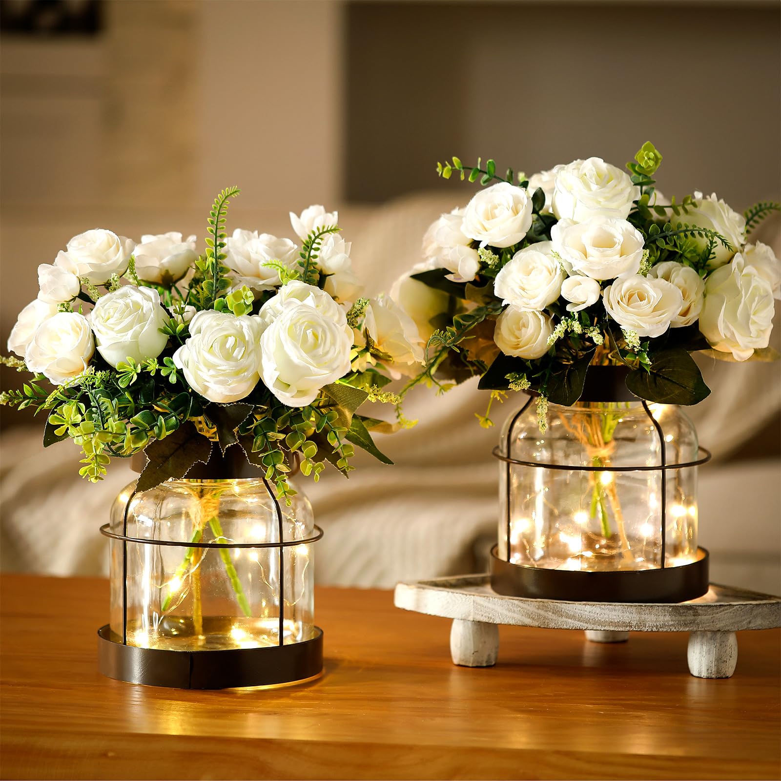 Photo 1 of Yiyiring 2 Set Vintage Glass Vase Rustic Farmhouse Lantern Decor with Artificial Plants Lights Decorative Clear Vase for Home Decor Floral Arrangement Dining Table Centerpieces (White Rose)