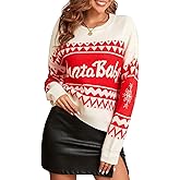 ZAFUL Women's Christmas Snowflake Reindeer Knitted Sweater Long Sleeve Crew Neck Heart Animal Print Pullover Knitwear
