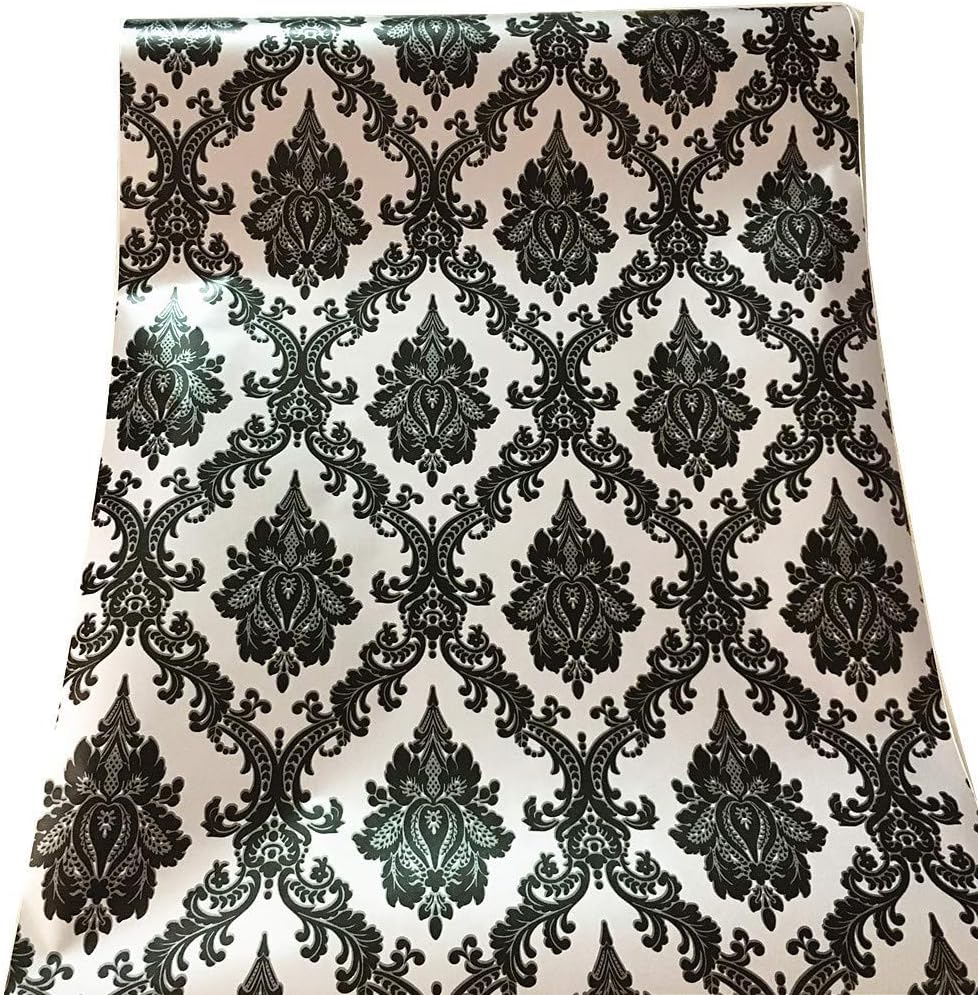 Self Adhesive Black Floral Damask Wallpaper Peel Stick Decorative Vinyl Film for Drawer Dresser Shelf Liner Sticker 17.7inch by 9.8ft - Image 4