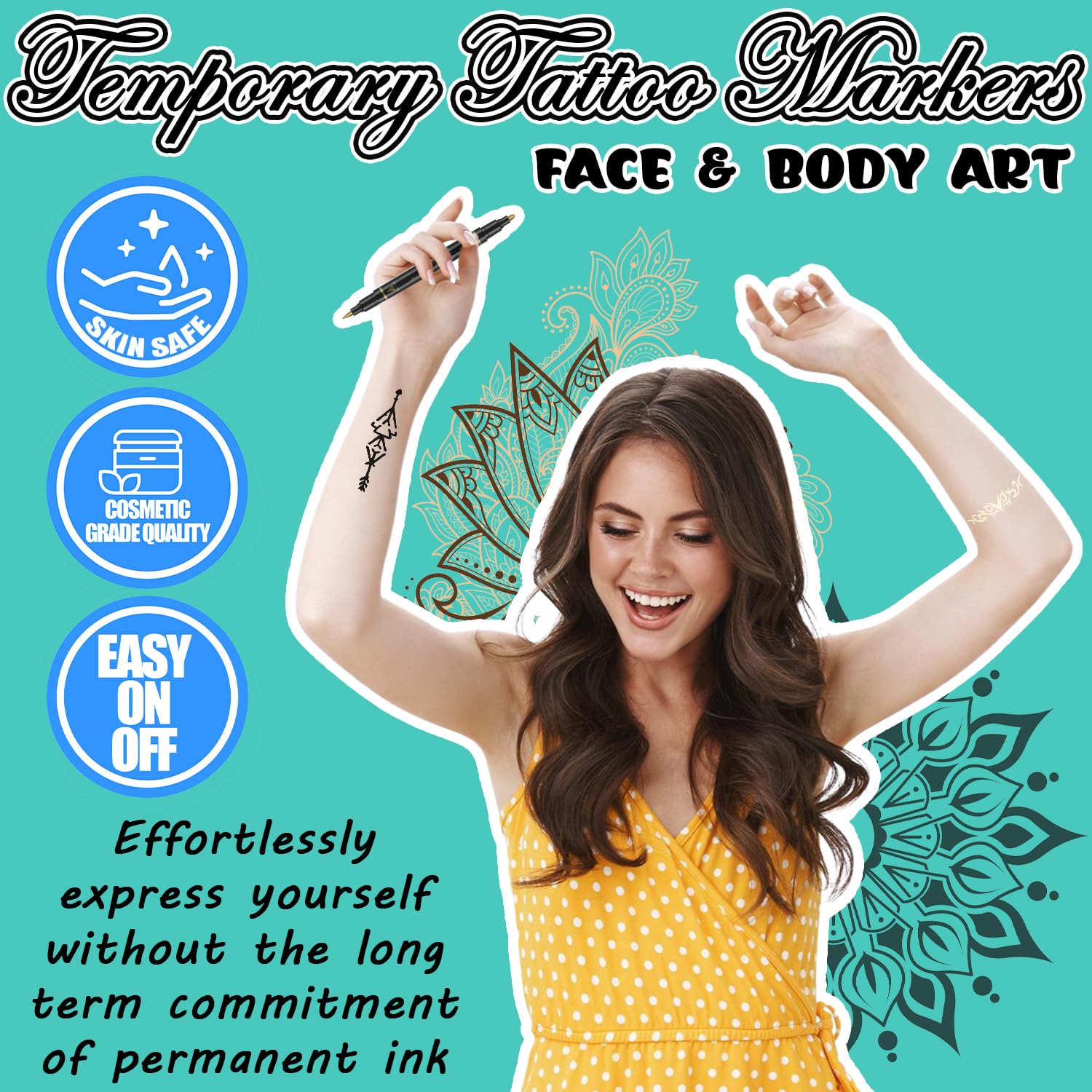Jim&Gloria Body Art Tattoo Pen Dual Tip 10 Colors with GOLD SILVER Temporary Tattoo Markers Skin Pen Body Markers Skin Marker Face Paint Kids Teen Girl Gifts Trendy Stuff 8 9 10 11 12 13 14 Years Old