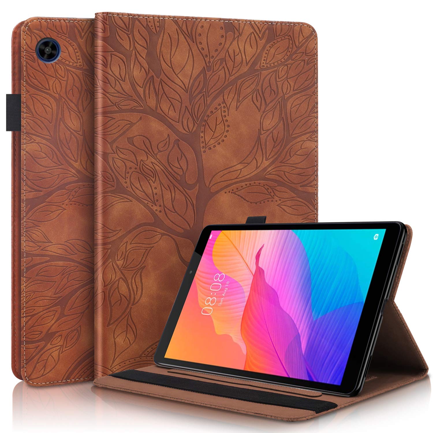 CaseFun Case for Huawei MatePad T8 8,0 inch 2020 Slim PU Leather Tree of Life Flip Wallet Stand Cover Anti Slip with Pencil Holder Card Holder, Brown