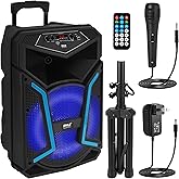Pyle Portable Bluetooth PA Speaker System - 800W Outdoor Bluetooth Speaker Portable PA System w/ Microphone In, Party Lights, MP3/USB, FM Radio, Rolling Wheels - Mic, Remote - Pyle PPHP122SM,Black