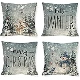Tikeciti Winter Blue Forest Pillow Covers Merry Christmas 18 x 18 Inch Throw Pillows, Xmas Deers Snowman Cardinal Seasonal Decorative Farmhouse Cushion Case for Sofa Couch Set of 4