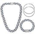JUNVirtuous Cuban Link Chain for Women,3 Pieces Diamond Cuban Link Chain Necklace Bracelet Earrings Iced Out Chain Silver/Gold Bling Hip Hop Jewelry for Women