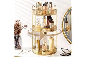 Weidace 360 Rotating Makeup Organizer for Vanity, Bathroom Countertop Spinning Perfume Organizer, High-Capacity Cosmetic and Skincare Dresser Make Up Holder Rack (3 Tiers, Yellow)