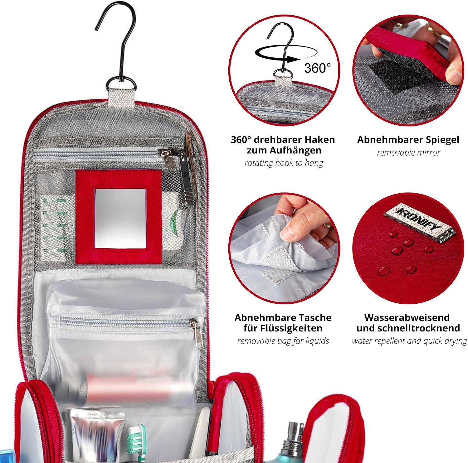 KRONIFY Premium Large Hanging Toiletry Bag with Mirror, Red L, XXL - Image 4