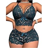 SOLY HUX Women's Plus Size Lace Lingerie Set Sheer Wireless Bra and Boyshorts Underwear Sets