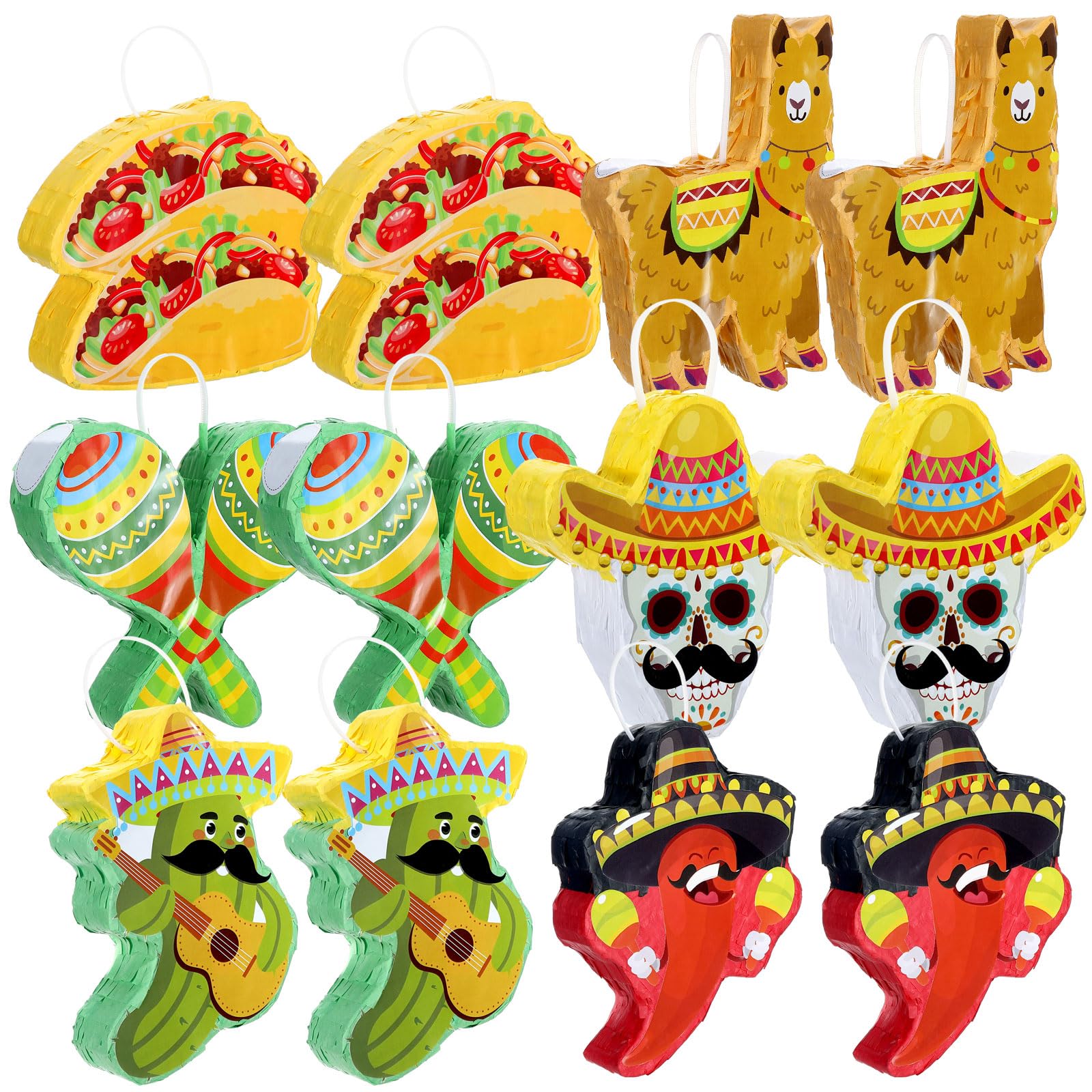 Photo 1 of 12 Pcs Mini Piñata Set Mexican Fiesta Party Table Decoration Cinco De Mayo Decors 5.7"x7.5" Donkey Taco Cactus Chili Maracas Alpaca Skull Hat Piñata for Fiesta Theme Birthday Supplies Party Stuffers