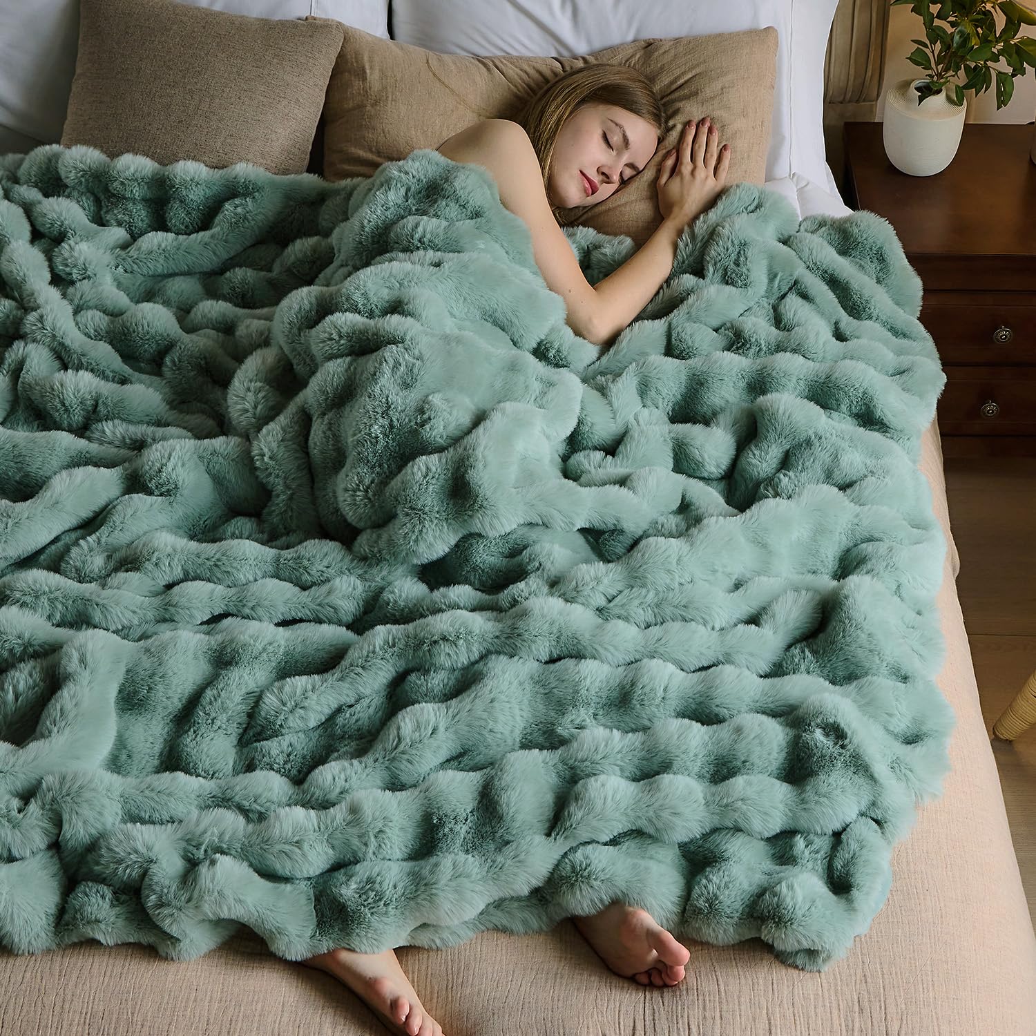 Lotus Karen Faux Fur Throw Blanket Sage Green - Big Bubble Rabbit Fluff Blanket for Couch Bed Sofa,Softest Fluffy Fuzzy Cozy Blanket,Plush Thick Furry Shaggy Warm Blankets for Women,108x90 Inches Image