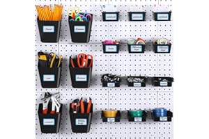 Uiifan 18 Set Pegboard Bins Kit Plastic Pegboard Cups with Metal Hooks Wall Containers Organizer Accessories with Label Stickers for DIY Tools Craft Office Workshop Garage Storage(Black)