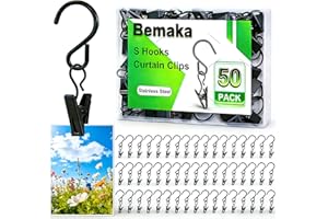 Bemaka 50 Pack S Hooks Curtain Clips, Stainless Steel Curtain Hooks Metal Clips for Hanging Photo Christmas Party Lights Cour