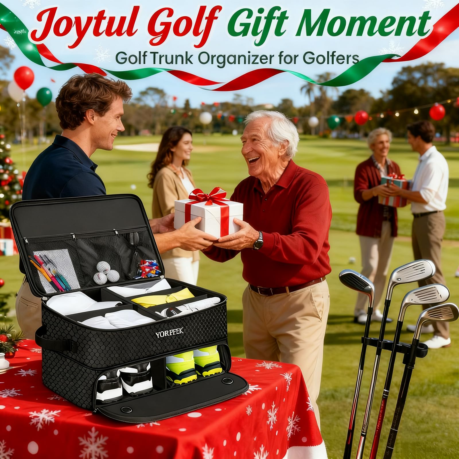 YOREPEK 2 Layer Golf Trunk Organizer, Golf Gifts for Men with Separate Ventilated Compartment for 2 Pair Shoes, Waterproof Car Trunk Locker for Balls, Tees, Clothes, Gloves, Gifts for Golfers