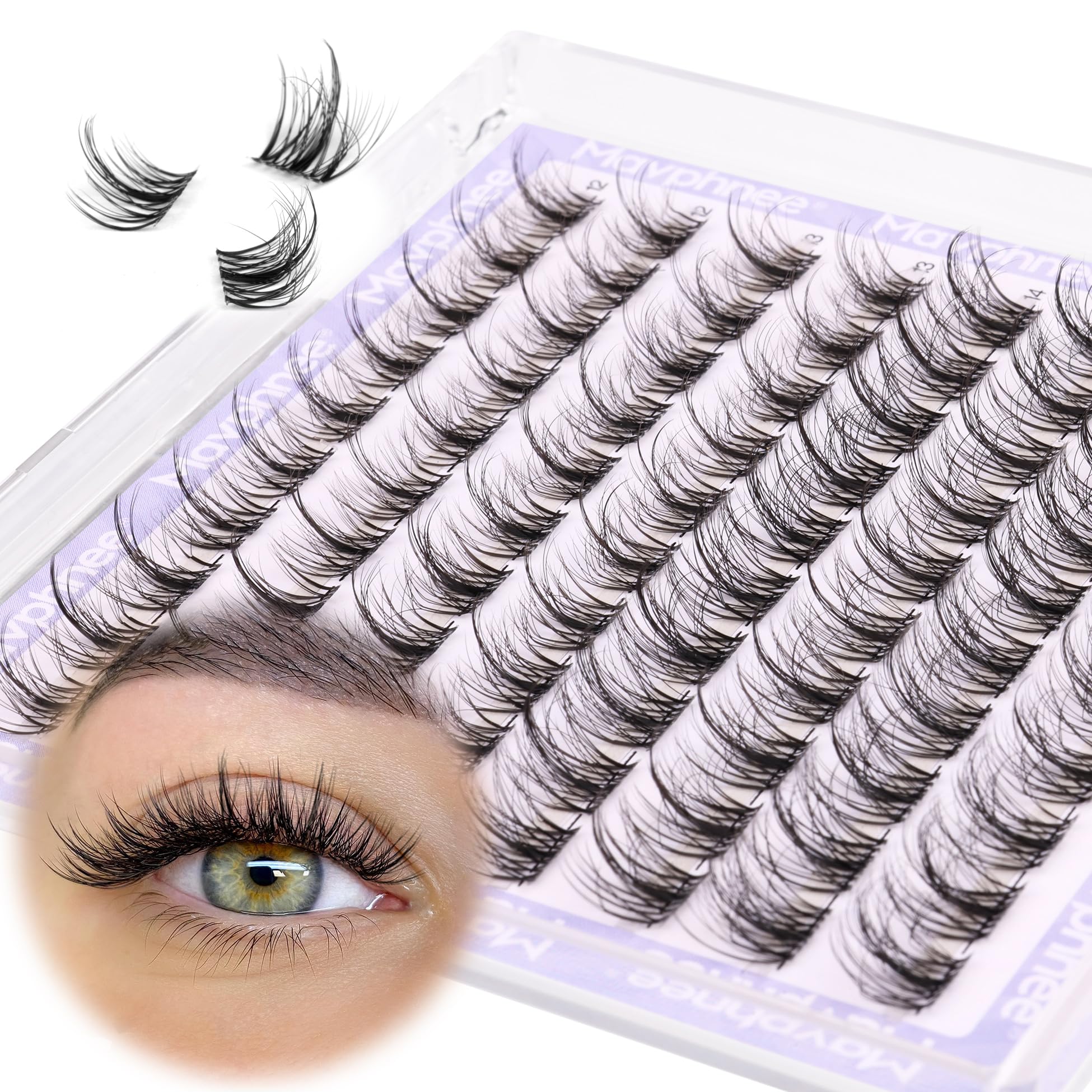 Natural Cluster Lashes Fluffy LC Curl Eyelash Extensions Wispy 96 Pcs Clear Band Lash Individuals Pack 12-14MM DIY at Home Lashes Pack by Mavphnee