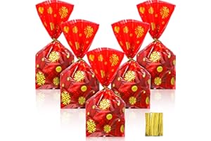 Outus 100 Pcs Christmas Favor Bags Snowflake Santa Claus Treat Bags Flat Cellophane Plastic Container for Bakery Cookies Candies Dessert with 100 Pieces Twist Ties(Snowflake,Gold, Red)