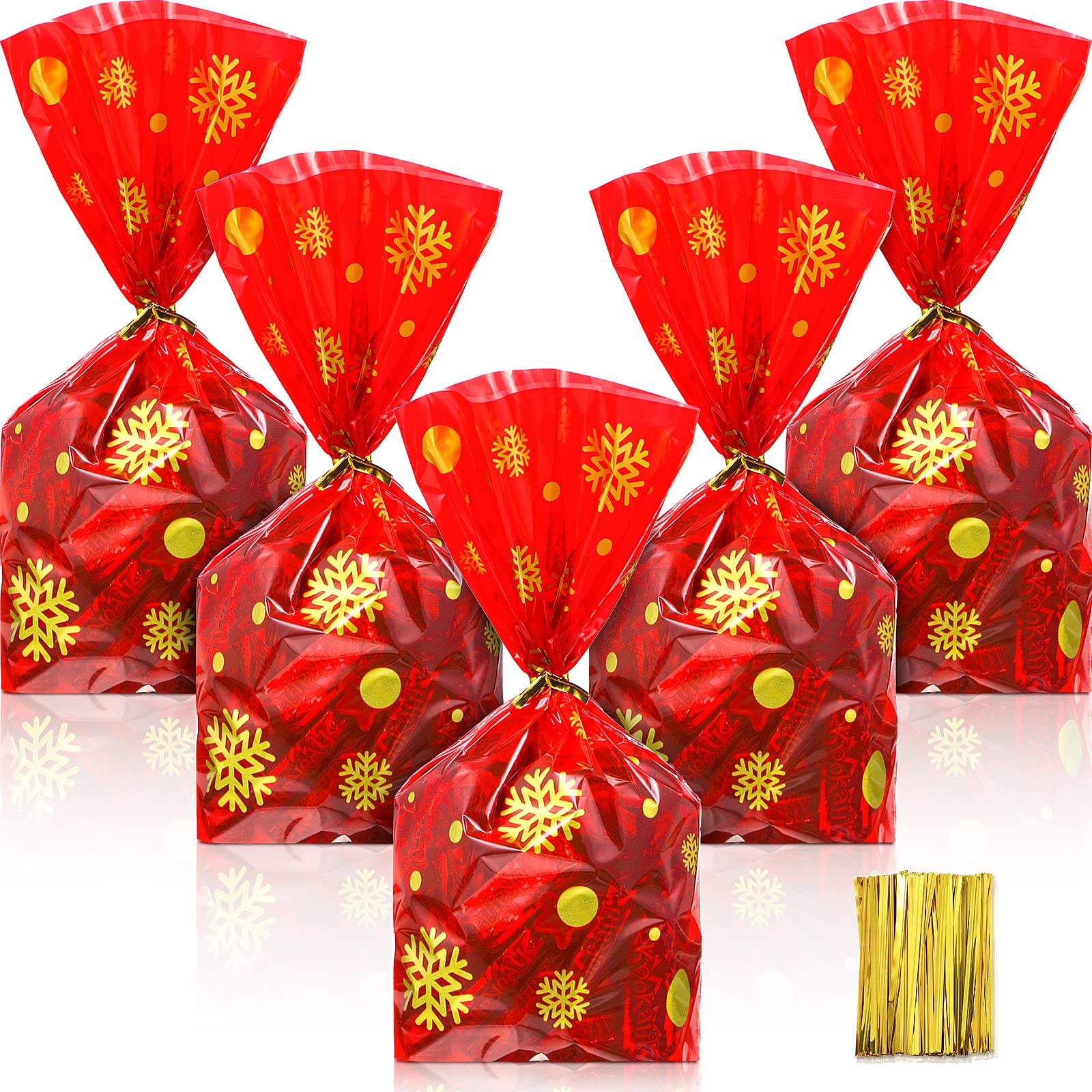 50 Pieces Christmas Favor Bags Snowflake Pattern Treat Bags Flat Cellophane Plastic Party Bags for Bakery, Popcorn, Cookies, Candies and Dessert with 100 Pieces Gold Twist Ties (Red with Gold)