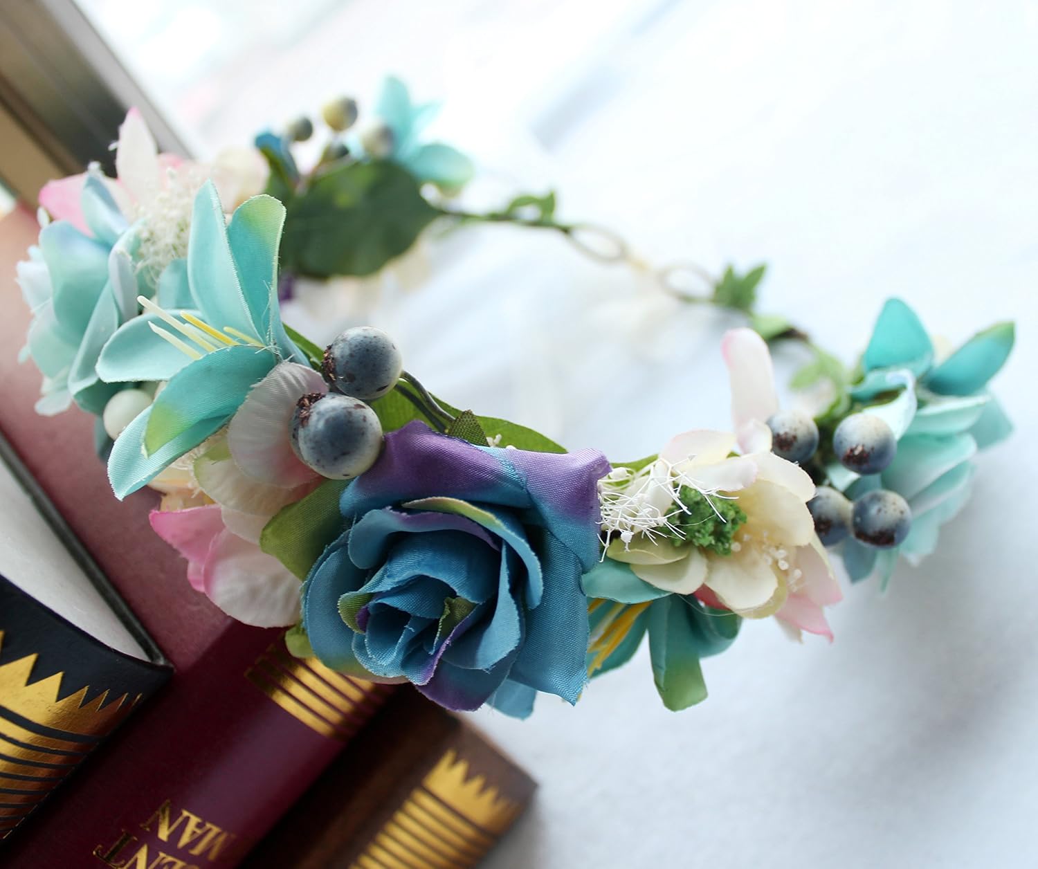 Floral Wreath Headband Bride Flower Crown Hair Wreath Hair Garland Flower Halo Floral Headpiece Boho with Ribbon Wedding Party Festival Purple, One Size - Image 3