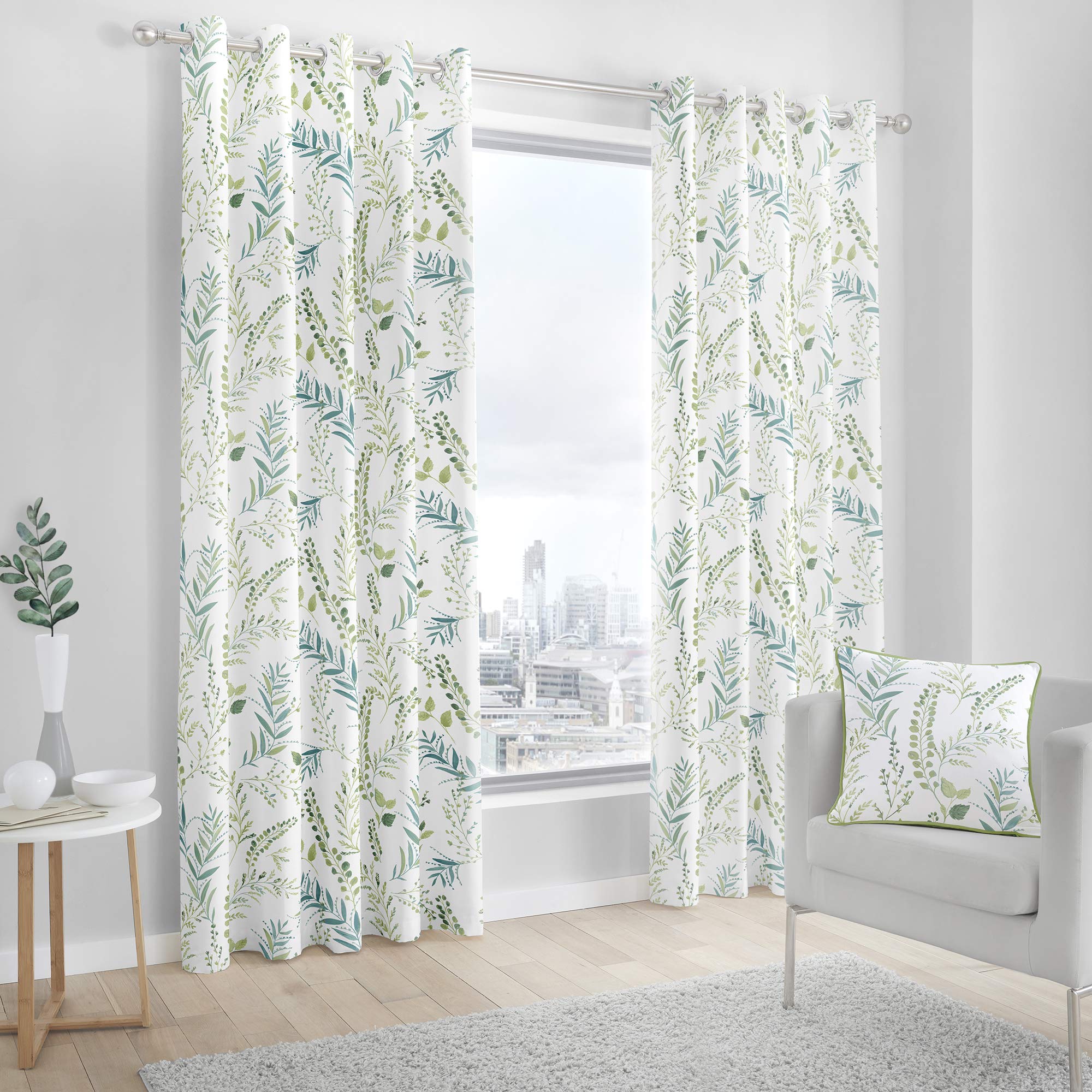 Fusion Fernworthy Leaf Print 100% Cotton Eyelet Lined Curtains, Green, 46 x 72 Inch