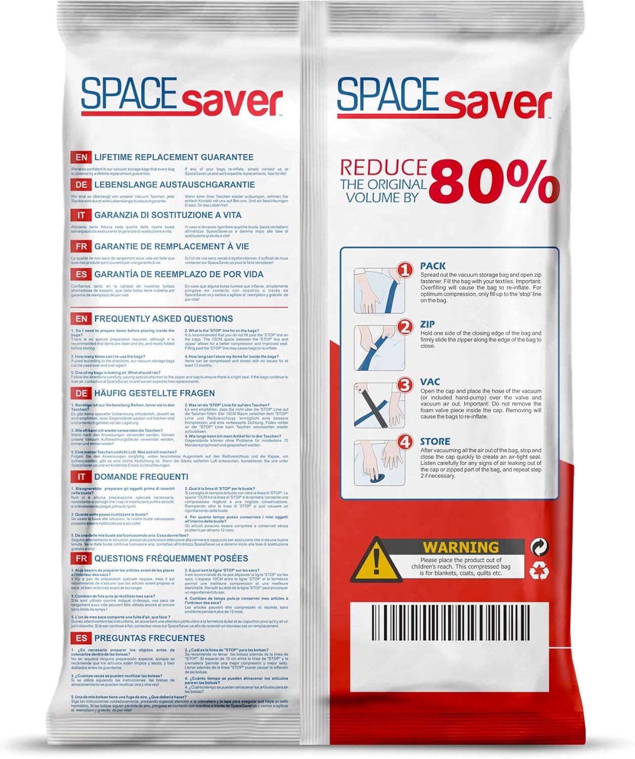 Spacesaver Premium Vacuum Storage Bags. 80% More Storage! Hand-Pump for Travel! Double-Zip Seal and Triple Seal Turbo-Valve for Max Space Saving! (Jumbo 6 Pack): Home & Kitchen