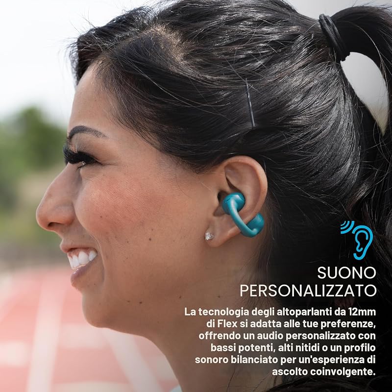 Flex Cuffie Open Ear - Auricolari Open Ear Wireless, Design con Clip, 21H di Autonomia, Auricolari con Bluetooth Multipoint, Microfono MEMS, Personalizzazione con App, Verde Acqua