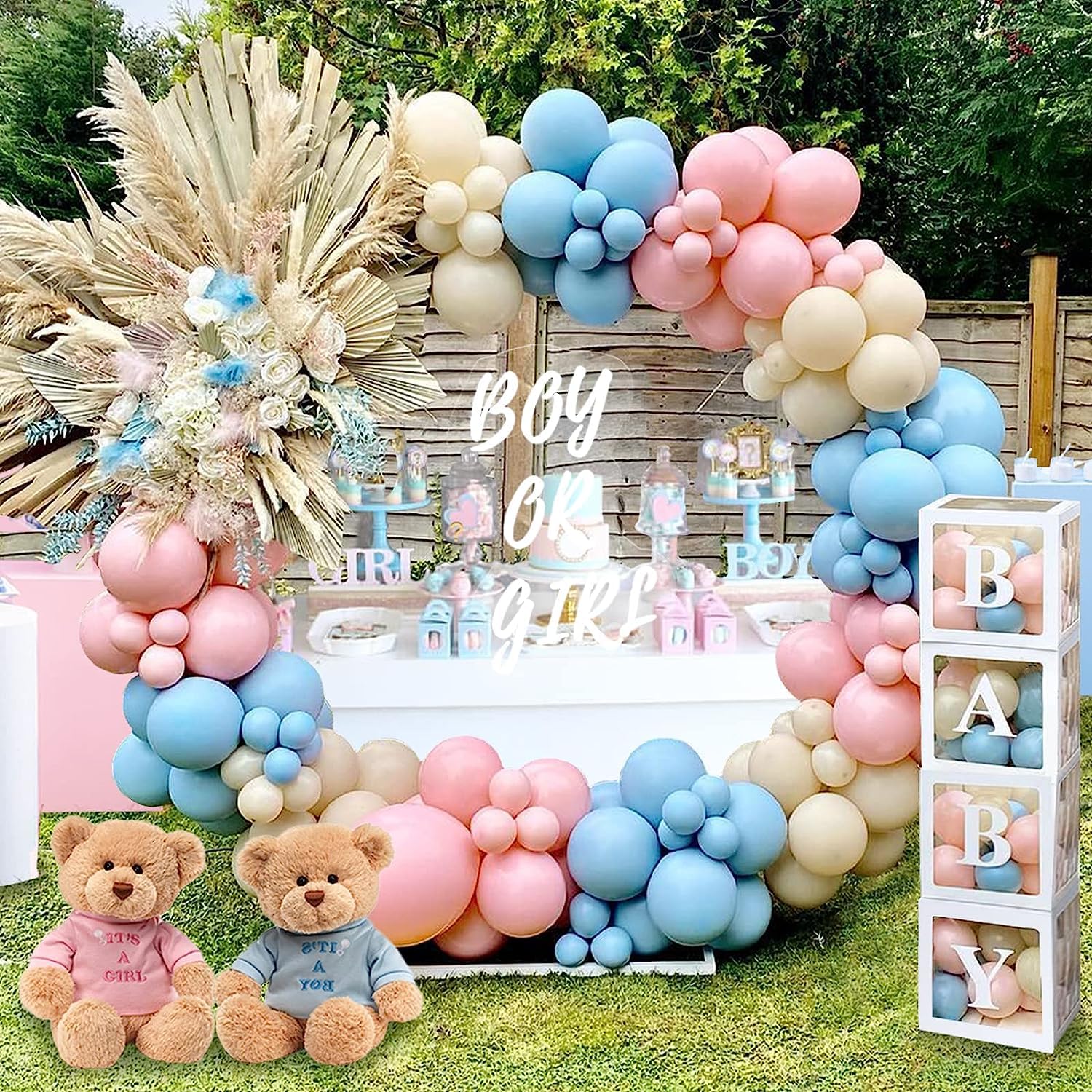 QIFU 180Pcs Gender Reveal Decorations Set, 166 Gender Reveal Balloons Arch Kit + 4 Baby Shower Decorations Balloon Boxes with "BABY" Letters, Boy Girl Babys Boxes for Babys Shower Balloons Neutral
