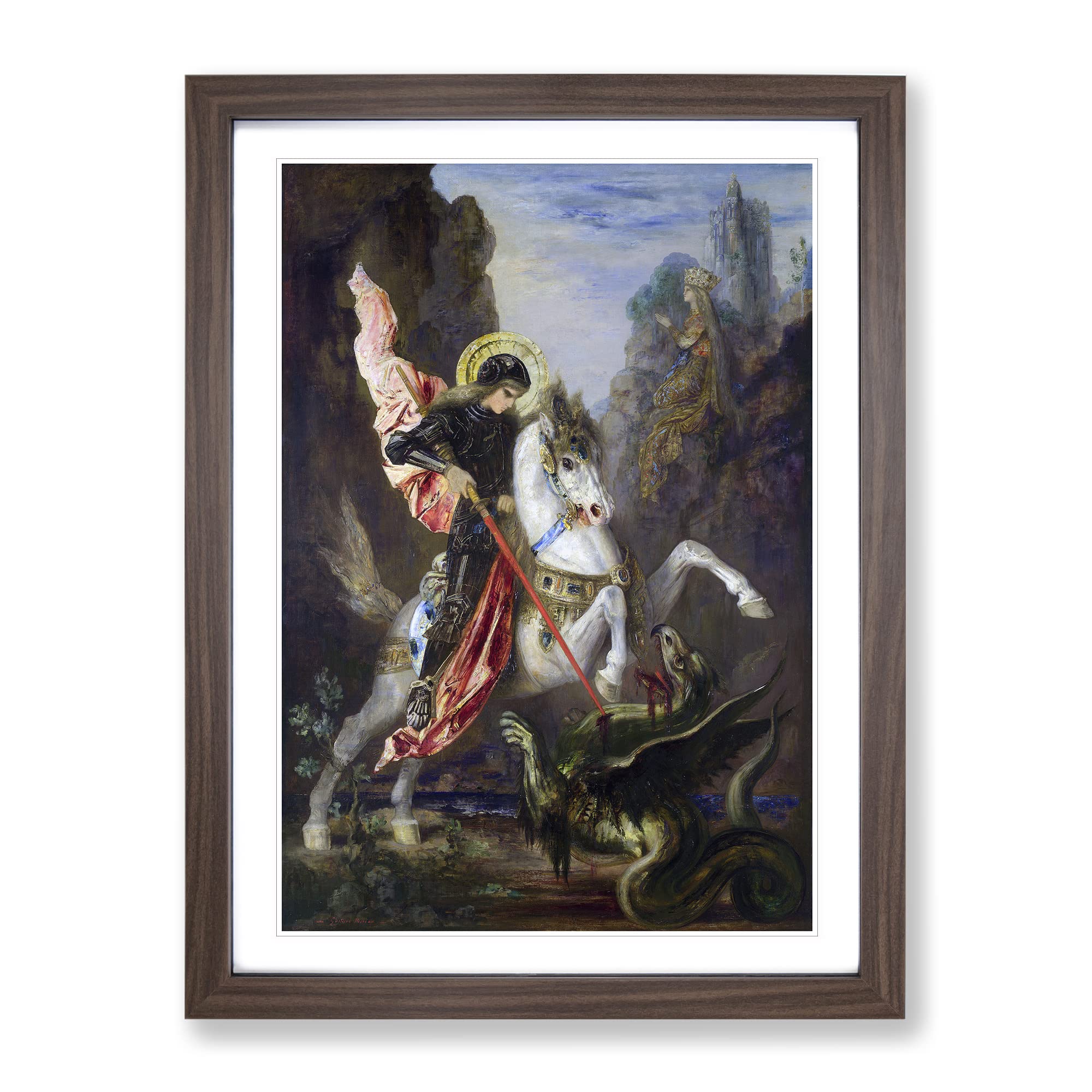 St George And The Dragon By Gustave Moreau Classic Painting Framed Wall Art Print, Ready to Hang Picture for Living Room Bedroom Home Office Décor, Walnut A4 (34 x 25 cm)