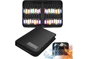 JUGREAT Key Organizer Case with Fireproof Bag, Portable Zippered Leather Key Case with 32 Key Hooks and Tags Key Storage,Zipper Key Organizer Box for Manager & Landlord Estate Sales,Hotel Executives