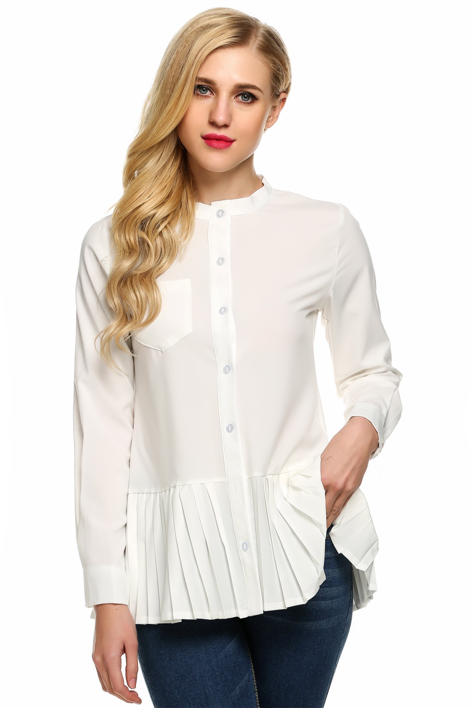 Pelertu Women\'s Ruffle Long Sleeve Asymmetrical Hem Collared Shirt Tops