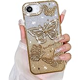 Bonoma Glitter Case for iPhone 16e, Cute 3D Butterfly Pattern Plating Bling Case,Camera Protection Sparkly Slim Soft Back Cover for Women Girls,Gold