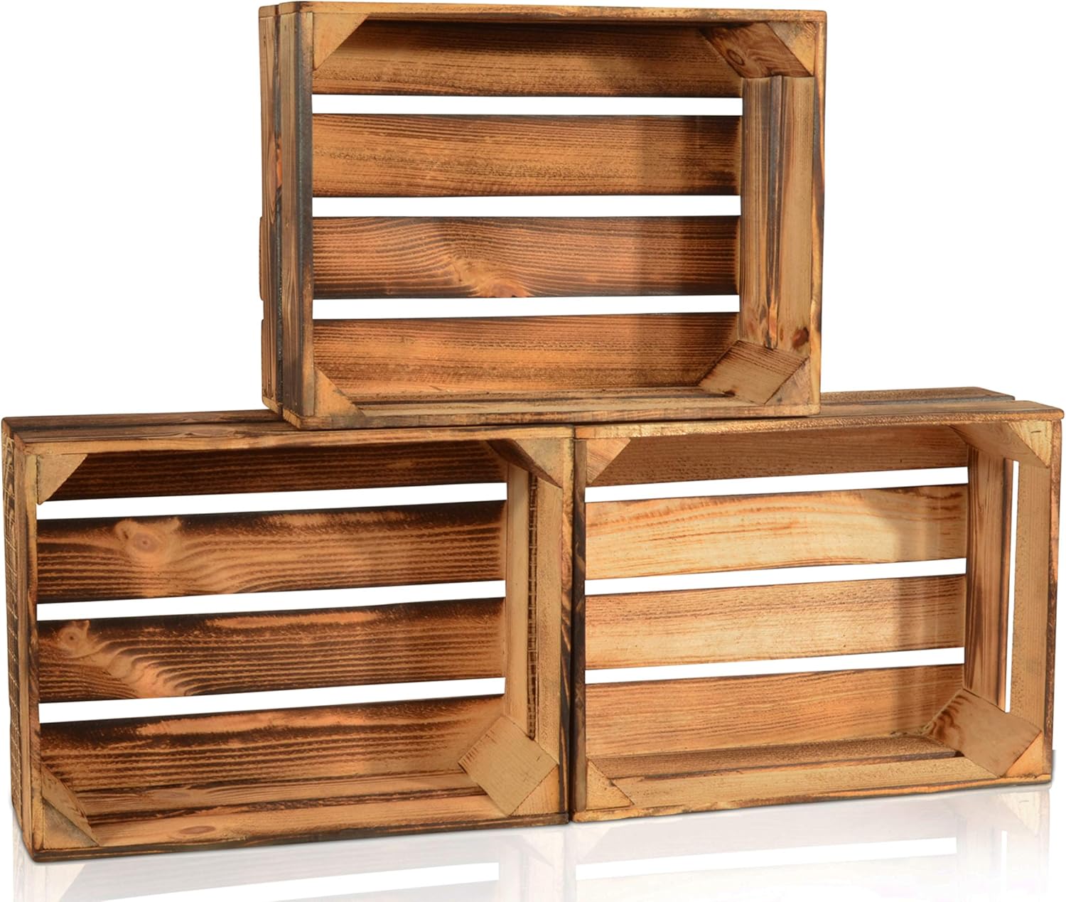 CHICCIE 3 Set Geflammte Obstkisten - 38cm x 28cm Holzkisten Weinkisten Holz Kisten Apfelkisten Obstkiste Gebrannt