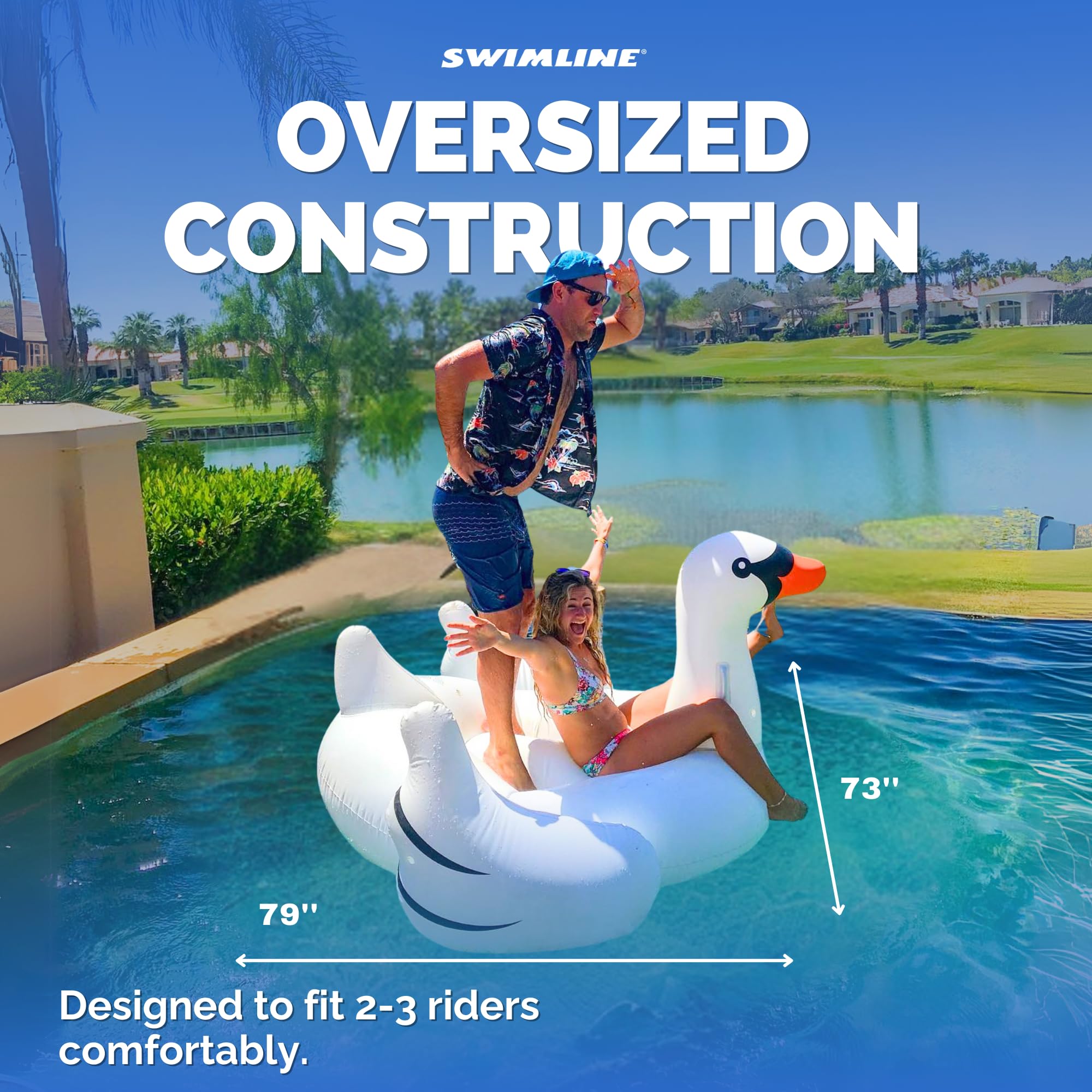 SWIMLINE ORIGINAL 90621 Giant Inflatable Swan Pool Float Floatie Ride-On Lounge W/ Stable Legs Wings Large Rideable Blow Up Summer Beach Swimming Party Lounge Big Raft Tube Decoration Toys Kids Adults