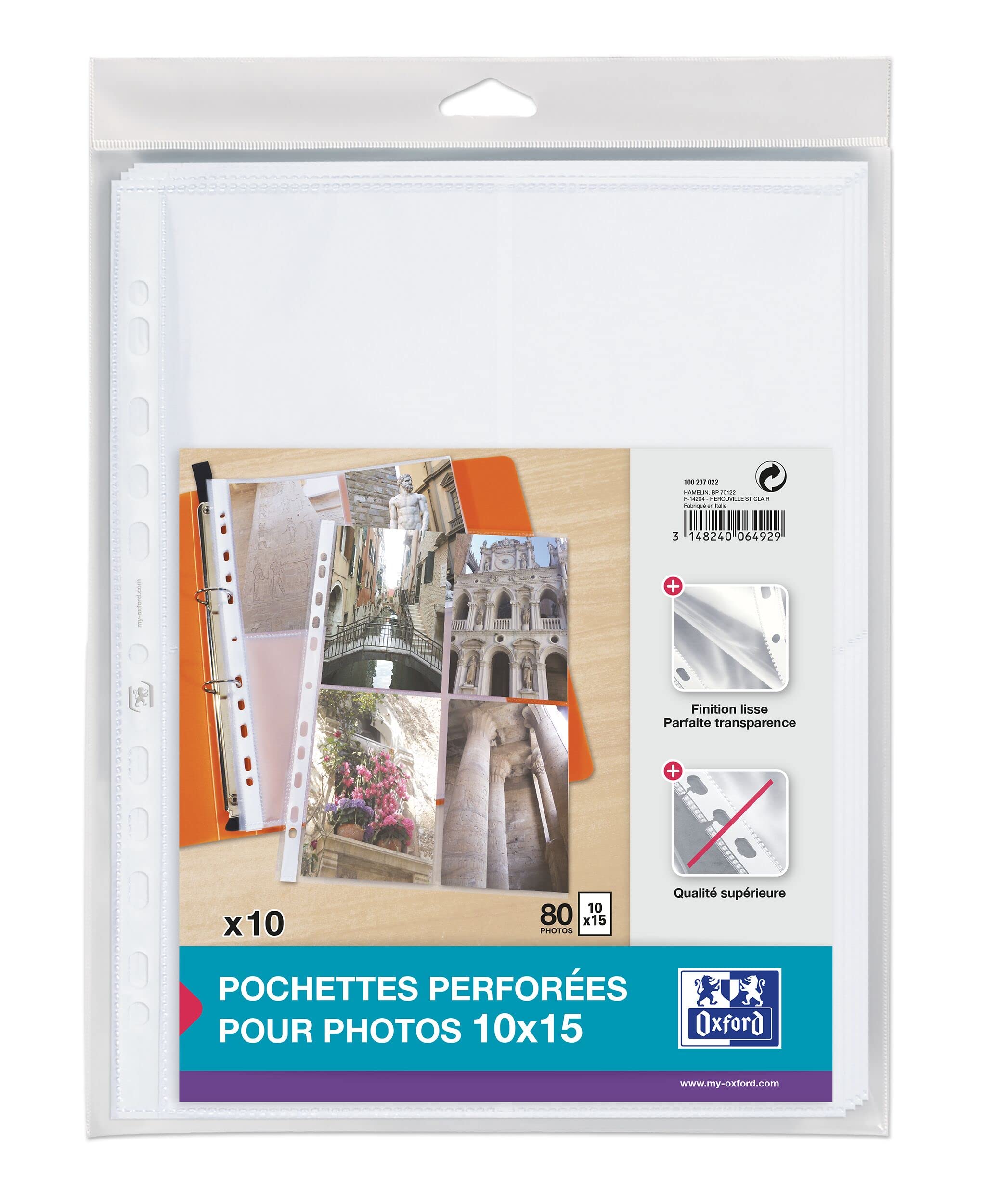 Elba Pack of 10 A4 Polypropylene Special Punched Pockets for Photos - Holds 80 Photos 8 Photos par pochette Bande de renfort Blanche
