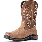 ANGRYRAM Cowboy Work Boots for Men Square Toe Leather Western Boot Slip Resistant Indestructable Steel Toe Safety Boots for Men Work-Man Pro Series