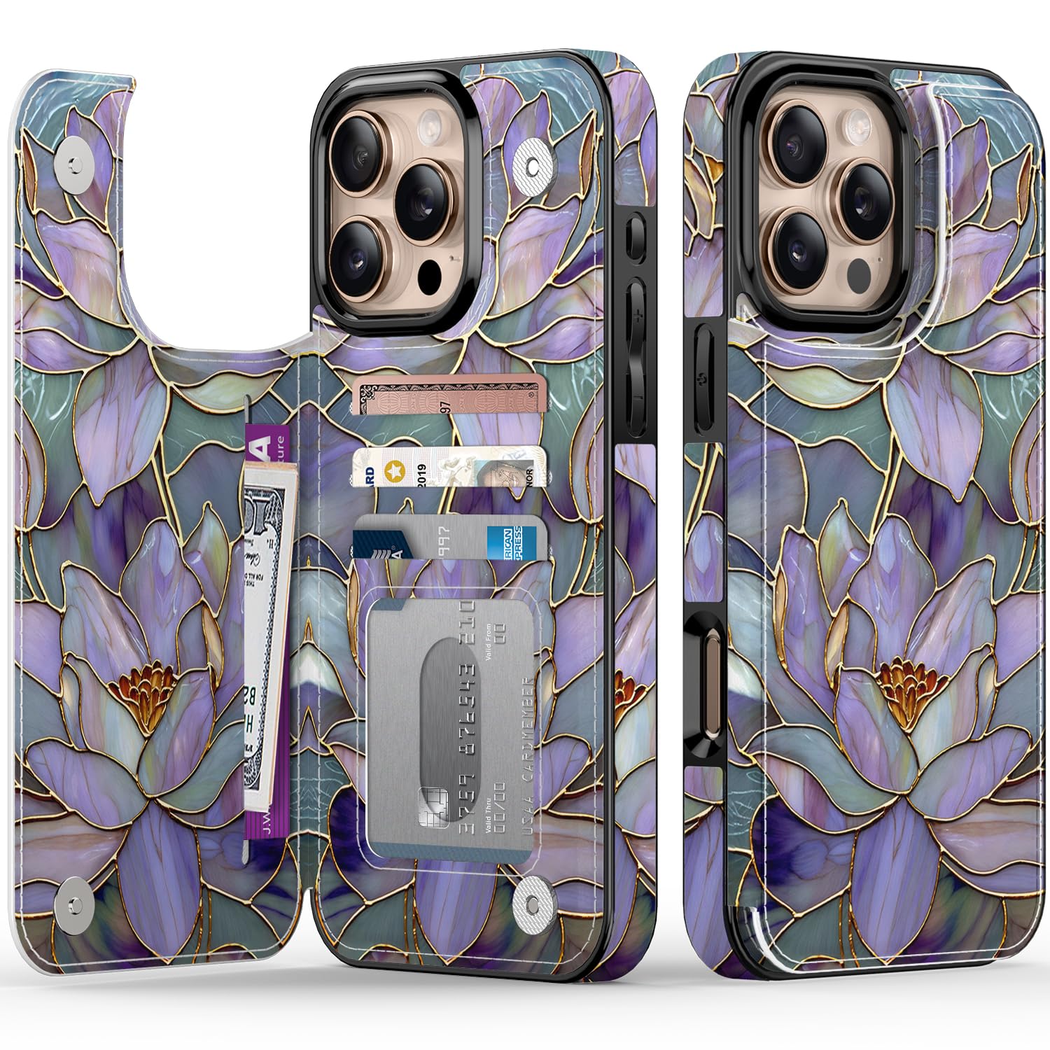 Photo 1 of FUNMIKO for iPhone 16 Pro Max Wallet Case with Card Holder, RFID-Blocking, Military-Grade Protection & UV-Printed Artwork, Magnetic Closure with Leather Kickstand - Dreamy Lotus