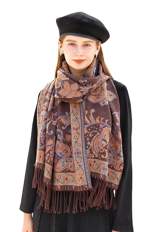 Wander Agio Warm Fashion Scarf Long Shawl Large Blanket Winter Wraps Scarves for Women Cashmere Jacquard Vintage Paisley Pattern Black Gold 13