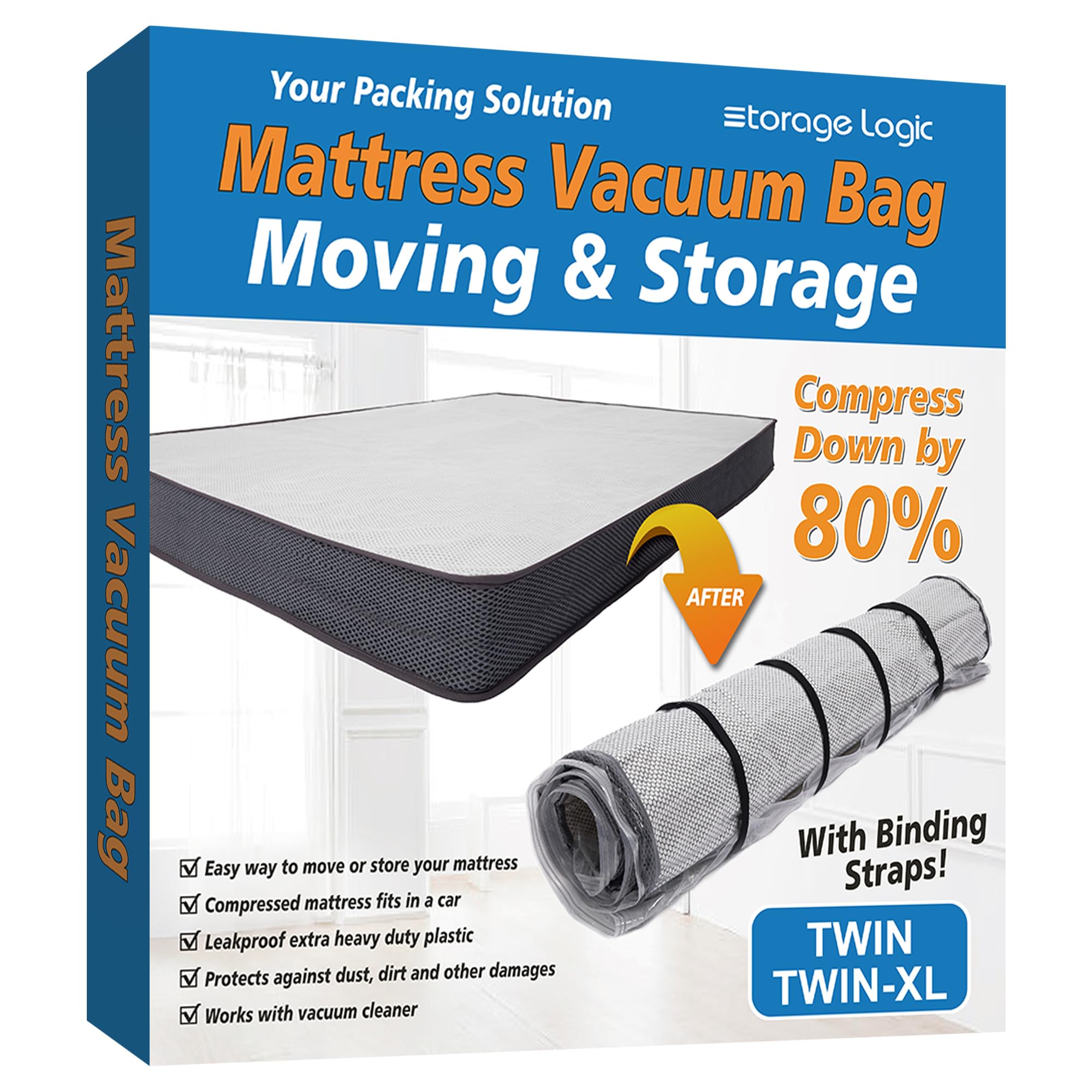(Twin/Twin-XL) Foam Mattress Vacuum Bag for Moving/Storage-Compress Mattress by 80%, Vacuum Seal Mattress Bag, Leakproof & Sealable Vacuum Bag for Mattress, Mattress Storage Bag Includes Straps